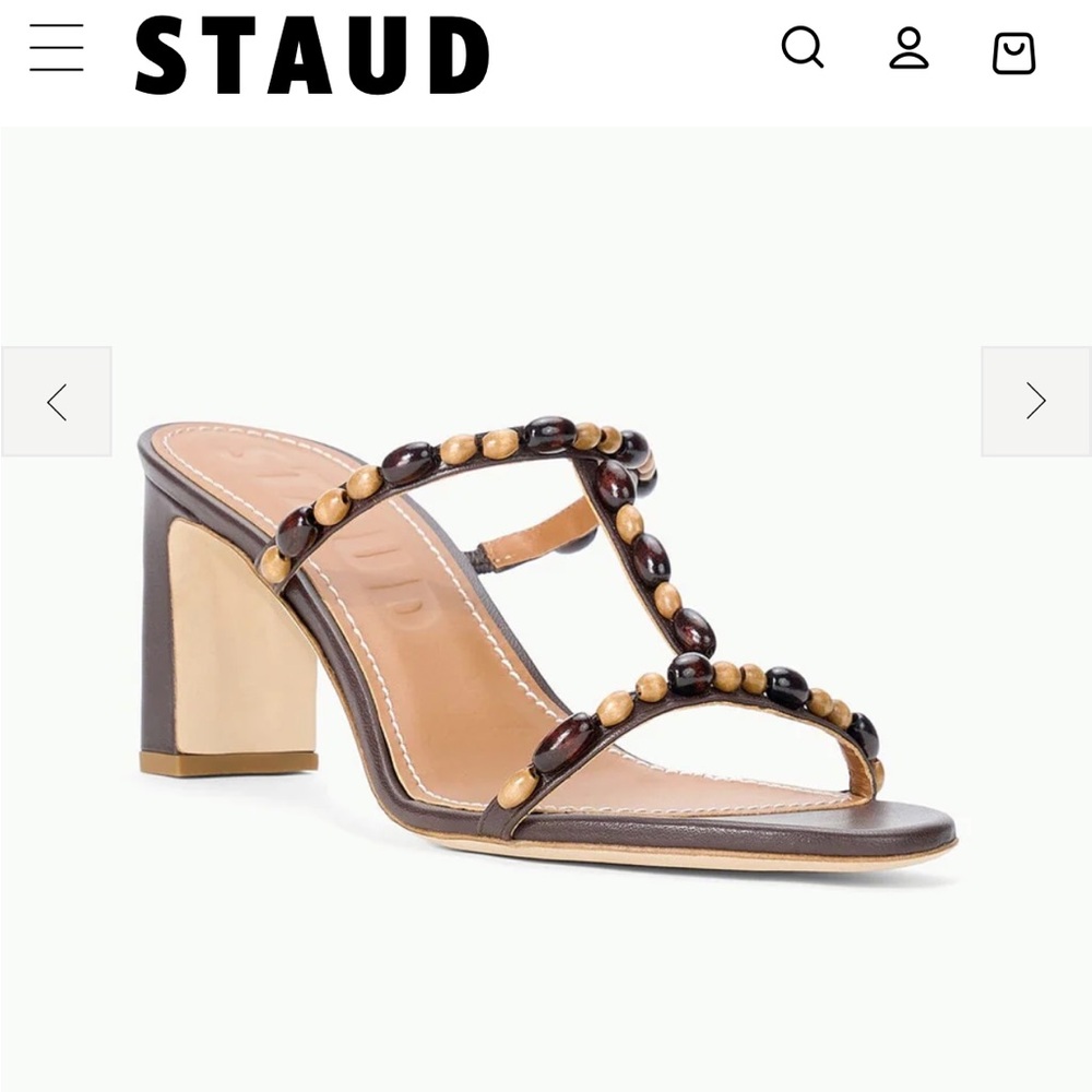STAUD Brown Beaded T-Strap Block Heel Sandal